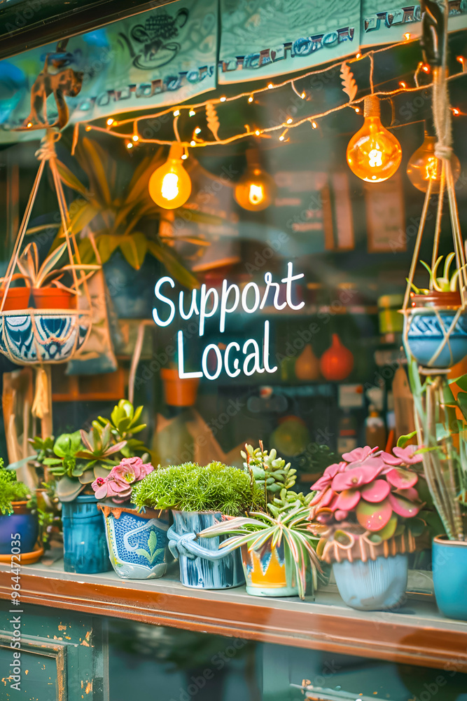 Fototapeta premium Decorated window shop with text Support Local