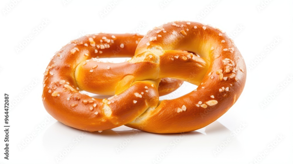 A pair of golden-brown pretzels sprinkled with coarse salt on white background, showcasing their twisted shape and inviting texture. A pair of golden-brown pretzels sprinkled with coarse salt on white background, showcasing their twisted shape and inviting texture.