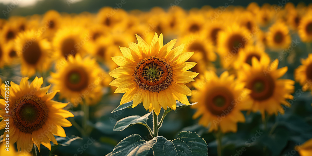 Fototapeta premium field of yellow sunflowers, autumn landscape, seasonal background, harvest, agriculture, flowers, fall, plants, nature, september, october, horizontal illustration, seeds, bloom, petals, growth
