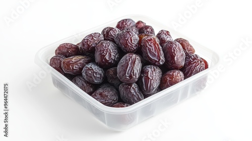 Dates Fruit in Plastic Container Close Up White Background