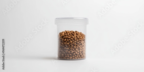 A minimalistic, clear plastic container for dry pet food, with a snap-on lid, isolated on a white background photo