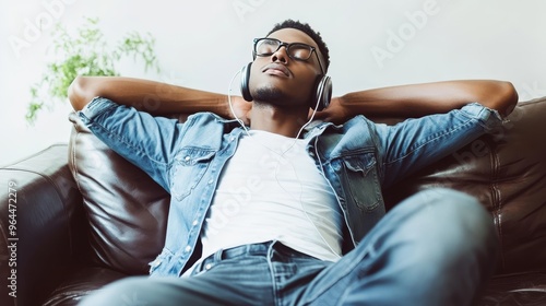 Mid adult man relaxing on a leather sofa at home in Hexham, North East England, listening to music through wireless headphones with eyes closed, expressing contentment and peaceful solitude photo