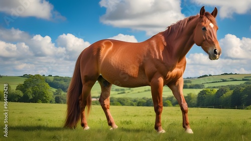  A beautiful chestnut horse grazing peacefully in a lush green field, its glossy coat shining in the sunlight. The horse lowers its head to nibble on the vibrant grass, with a backdrop of open country