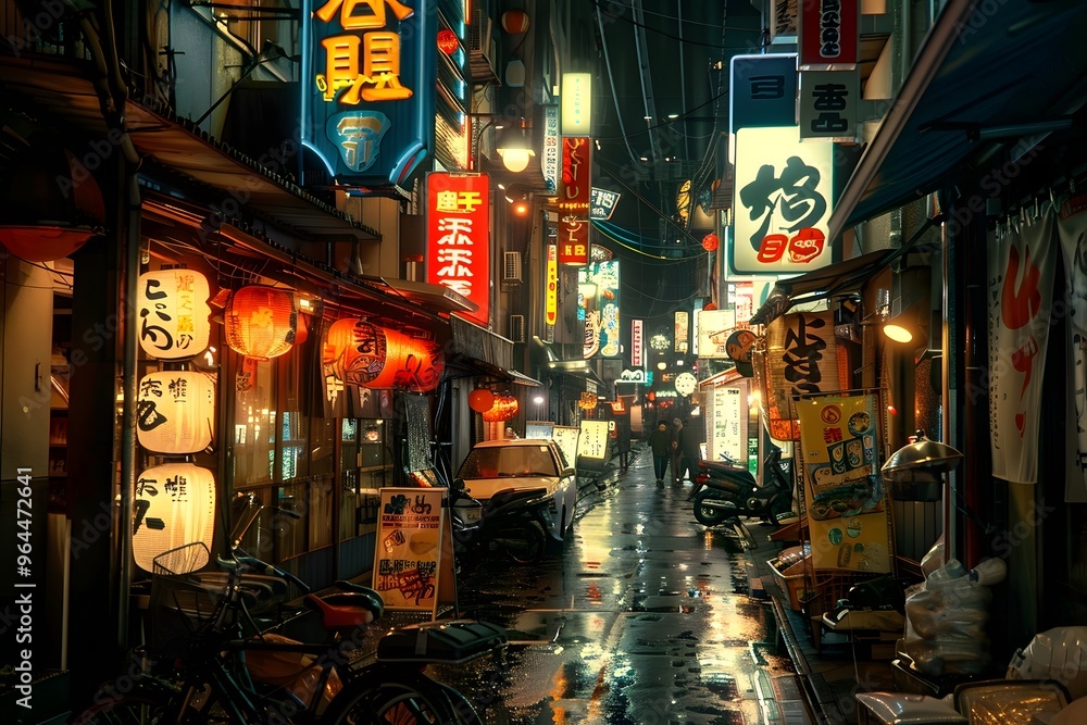 Dark street in cyberpunk city, gloomy alley with neon lighting Dark street in cyberpunk city, gloomy alley with neon lighting