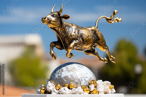 Funny statue, cow jumping over the moon, mid-leap in bronze brings the nursery rhyme to life in a whimsical way