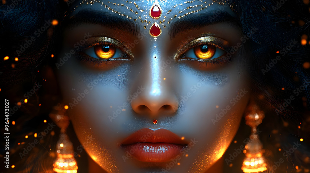 A captivating portrait of a woman with glowing eyes and ornate jewelry, evoking mystique. A captivating portrait of a woman with glowing eyes and ornate jewelry, evoking mystique.