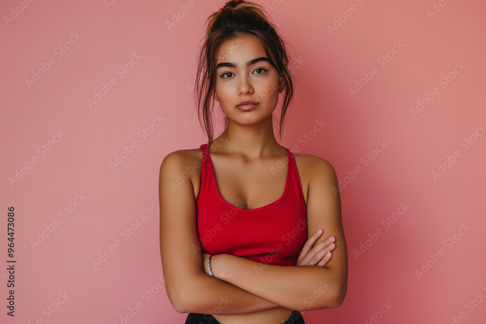 Sporting, athletic woman sports bra or gym tank top posing with crossed arm. Slim and fit female model in sportswear standing in front of studio background with a serious and strong expression. Sporting, athletic woman sports bra or gym tank top posing with crossed arm. Slim and fit female model in sportswear standing in front of studio background with a serious and strong expression.