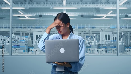 Asian Female Professional Worker Standing With Her Laptop at Factory Digitalization for Innovative Project, She Is Nodding Her Shead With Dissapionted photo