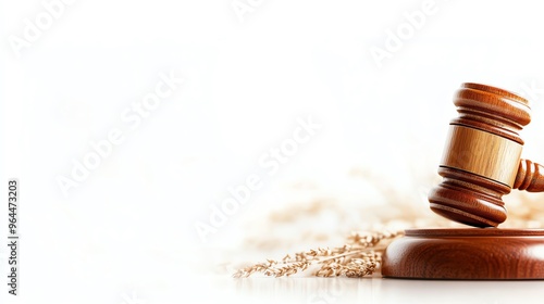 A wooden gavel rests on a sound block with grains scattered around it photo