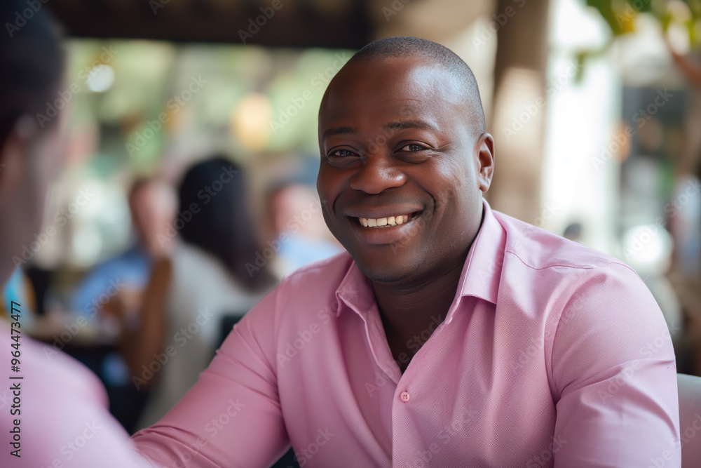 Black man with a big smile on his face is sitting at a table with other people. He is wearing a pink shirt and he is enjoying himself Black man with a big smile on his face is sitting at a table with other people. He is wearing a pink shirt and he is enjoying himself