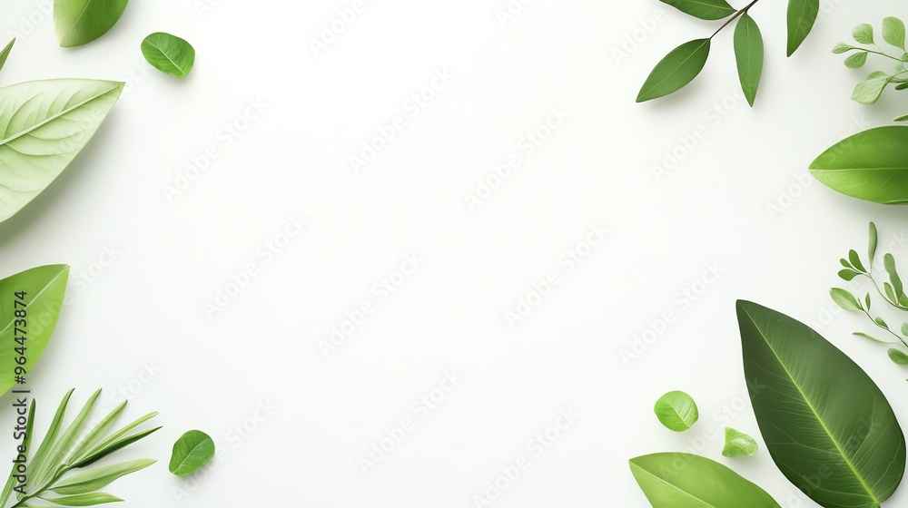 Green leaves arranged around a white background, creating a natural frame. Green leaves arranged around a white background, creating a natural frame.