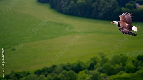 An eagle flies across a green field