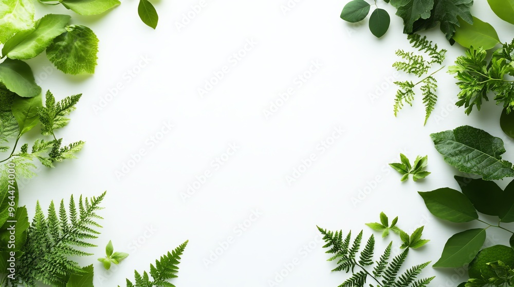 Green leaves frame a white background, creating a natural border with copy space. Perfect for nature, spring, or botanical themed designs. Green leaves frame a white background, creating a natural border with copy space. Perfect for nature, spring, or botanical themed designs.