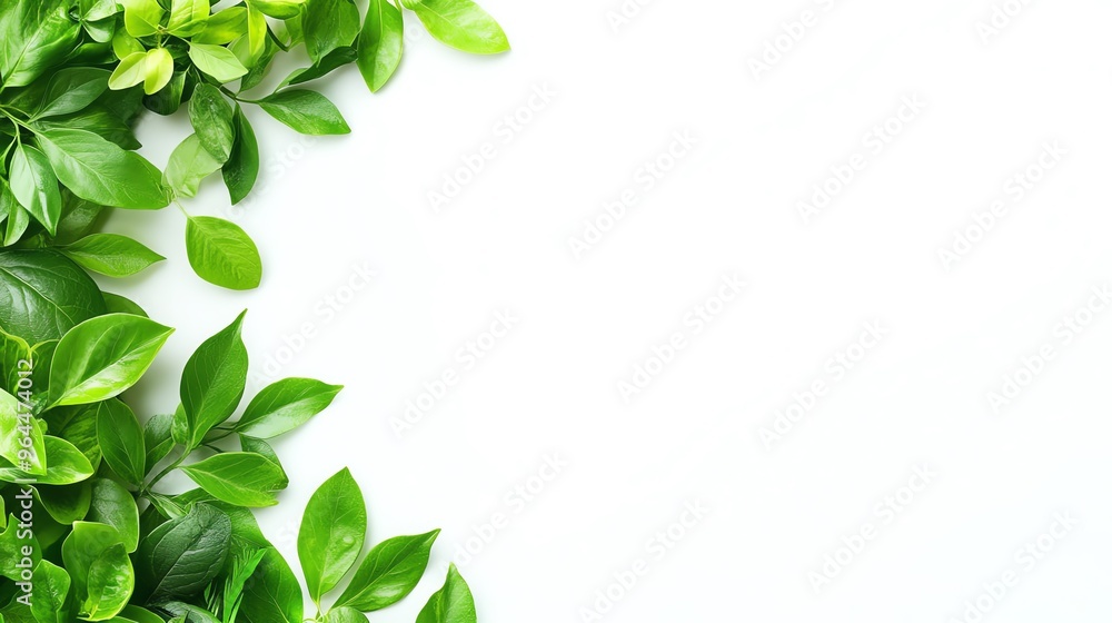 Green leaves frame a white background, providing a fresh and natural border. Green leaves frame a white background, providing a fresh and natural border.