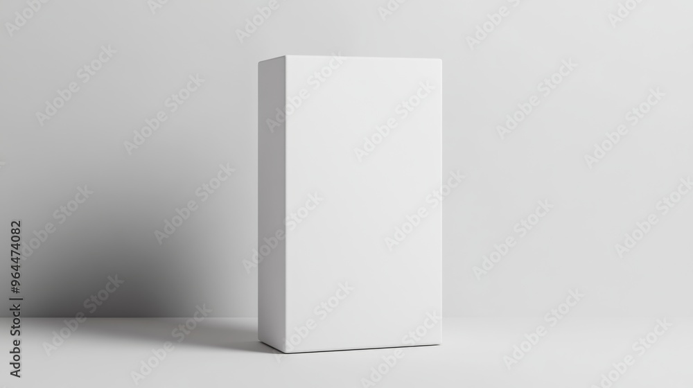 A plain white medicine box standing upright, with clean lines and a realistic soft shadow on a white surface A plain white medicine box standing upright, with clean lines and a realistic soft shadow on a white surface