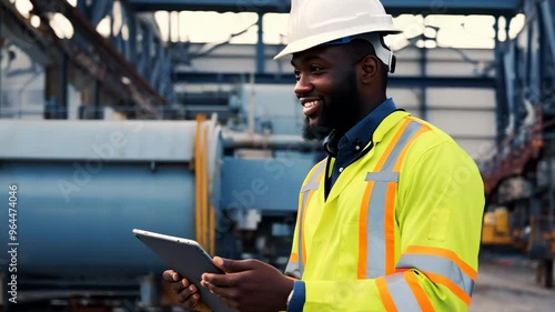Professional engineer in safety uniform and hard hat using a tablet at a metal construction facility. Smiling African American industrial worker in a manufacturing environment.