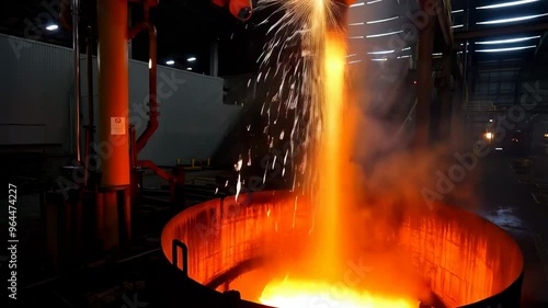 Pouring molten metal into molds in a modern metallurgical factory with sparks flying. Metal production process and steelworks technology