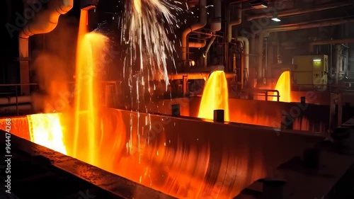 Pouring molten metal into molds in a modern metallurgical factory with sparks flying. Metal production process and steelworks technology