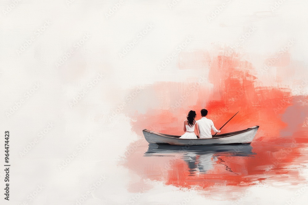 Fototapeta premium Romantic Couple in a Boat on a Serene Lake with Artistic Red and White Background