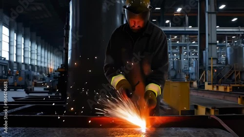 Man works circular saw. Sparks fly from hot metal. Man hard worked over the steel.