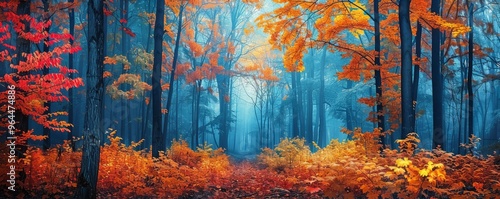 Forest glade with colorful autumn leaves