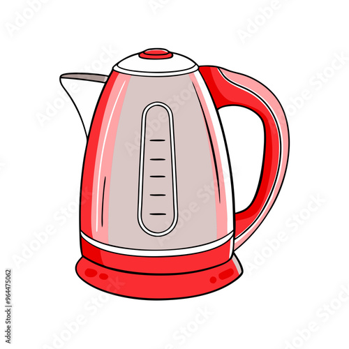 Electric kettle in illustration style, in pink and red tones, kitchen appliance