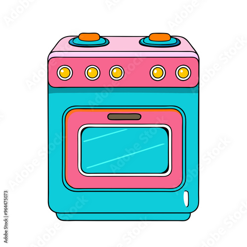 Stove with oven in illustration style, in blue and pink tones, kitchen appliance