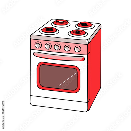 Stove with oven in illustration style, in red and white tones, kitchen appliance