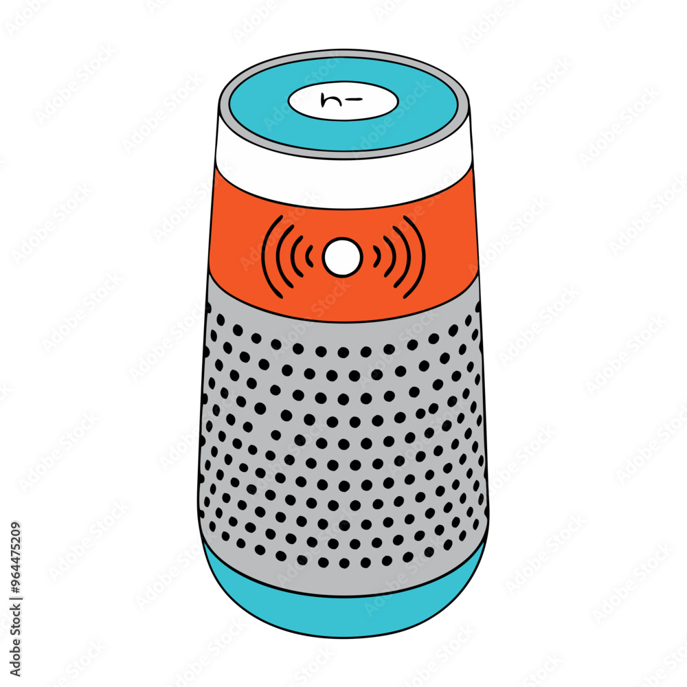 Smart speaker in illustration style, in gray, orange, and blue tones, household appliance Smart speaker in illustration style, in gray, orange, and blue tones, household appliance