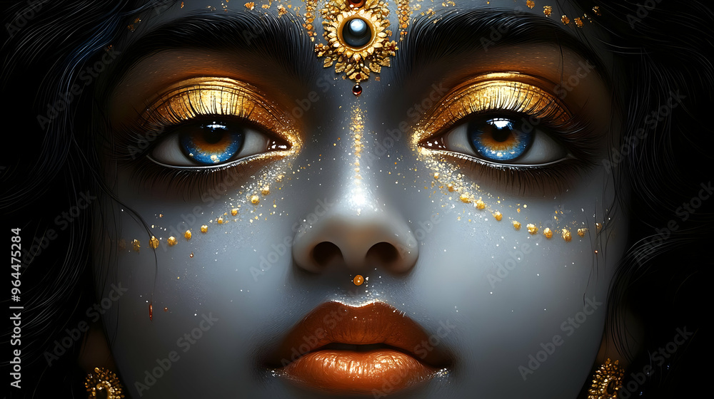 A close-up of a beautifully adorned face with intricate makeup and vibrant colors. A close-up of a beautifully adorned face with intricate makeup and vibrant colors.