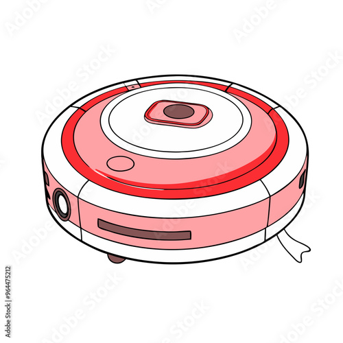 Robot vacuum cleaner in illustration style, in pink and white tones, household appliance