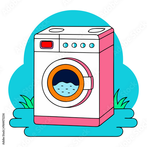 Washing machine in illustration style, in pink and blue tones, household appliance against a nature background