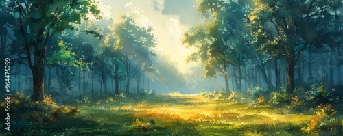 Watercolor abstract forest glade with sunlight streaming through.