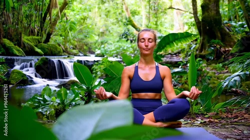 A young fit woman sits with her eyes closed and meditates during a yoga class in the jungle near a waterfall early in the morning. She sits in the lotus position