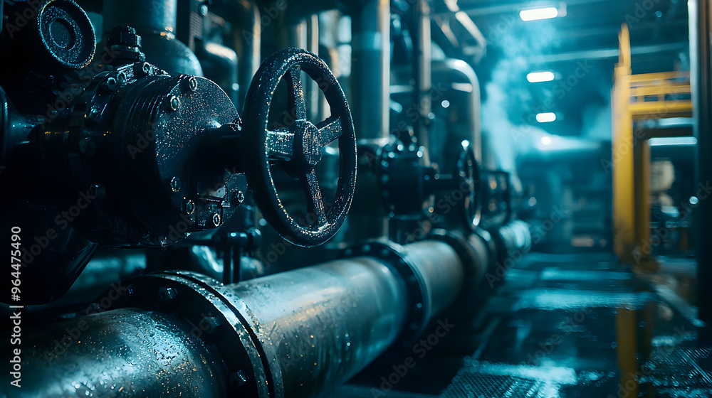 Fototapeta premium Pipes and valves in an underground power plant