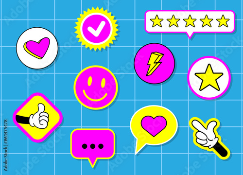 Cool Y2k, Groovy stickers with five yellow stars, hand with thumb up. Collage with heart, lightning, like icon and 5 elements for rating, status designations. Customer reviews, overviews. Vector EPS10