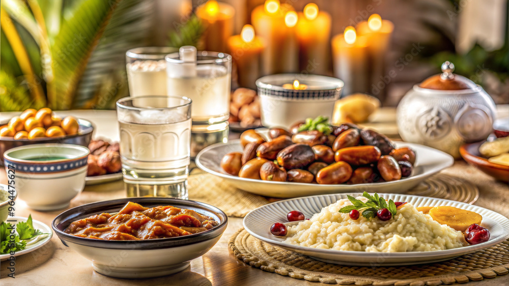 Delicious Middle Eastern meal with rice, dates, and drinks served on a beautifully arranged table Delicious Middle Eastern meal with rice, dates, and drinks served on a beautifully arranged table