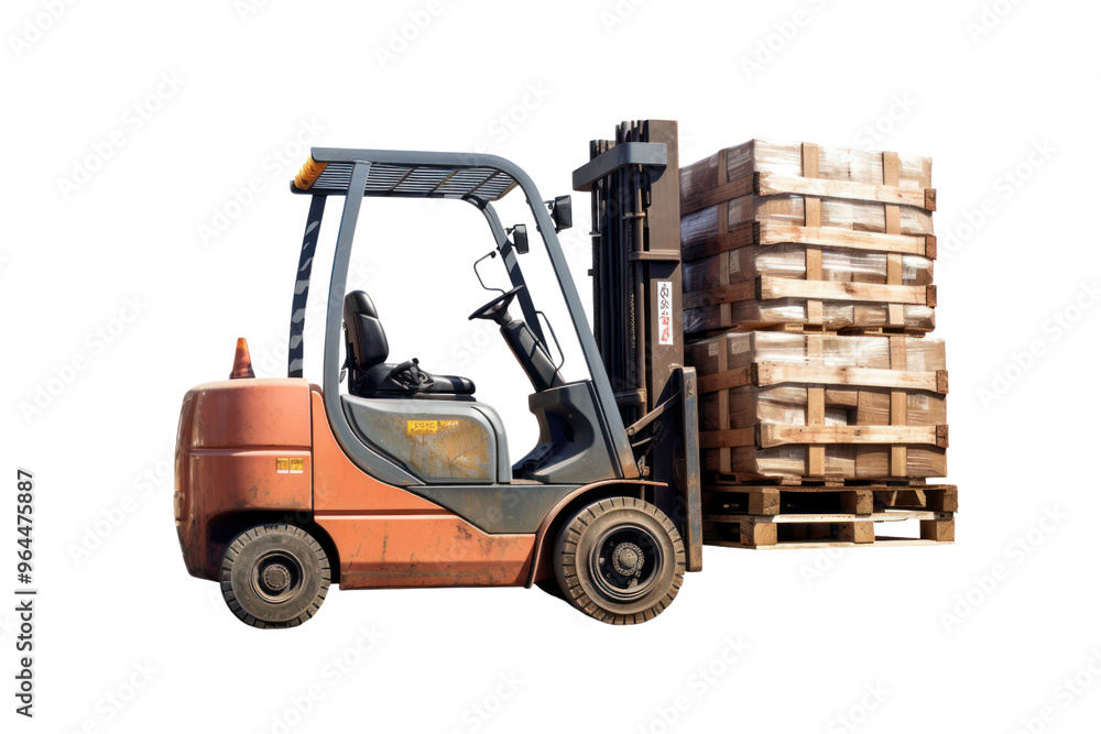 Durable electric pneumatic forklift carrying heavy pallet isolated on white background Durable electric pneumatic forklift carrying heavy pallet isolated on white background