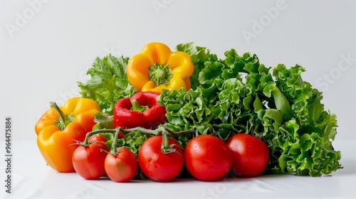 Fresh vegetables arranged beautifully. Colorful peppers, ripe tomatoes, and crisp lettuce create a vibrant display. Perfect for healthy eating and meal preparation. AI