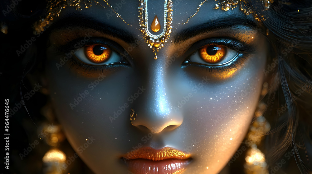 A close-up of a mystical figure with striking eyes and ornate jewelry. A close-up of a mystical figure with striking eyes and ornate jewelry.