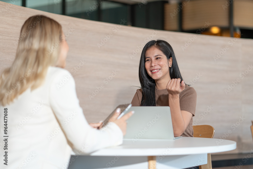 Young businesswomen using laptop computer meeting together in the office workspace. Young businesswomen using laptop computer meeting together in the office workspace.