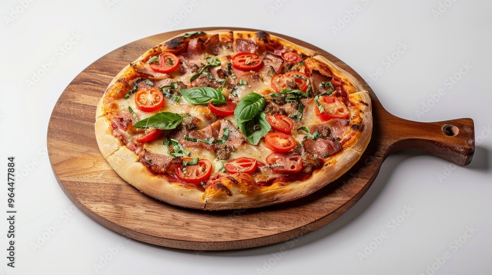 Delicious pizza with fresh toppings displayed on a wooden board. The savory ingredients include tomatoes, cheese, and basil. Perfect for any meal or gathering. Enjoy this classic dish. AI Delicious pizza with fresh toppings displayed on a wooden board. The savory ingredients include tomatoes, cheese, and basil. Perfect for any meal or gathering. Enjoy this classic dish. AI