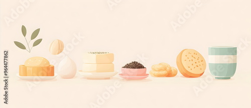 A flat illustration of traditional Chuseok foods, featuring songpyeon rice cakes filled with sesame seeds, beans, and chestnuts, alongside various jeon pancakes. Soft pastel colors and clean shapes photo