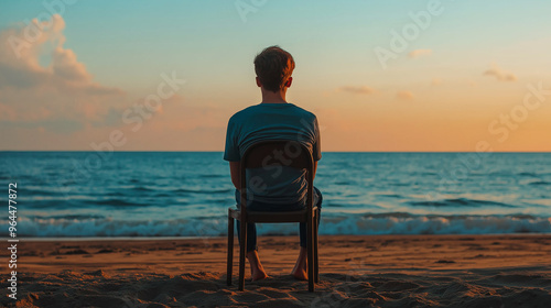 Unhappy man sits alone on a chair on the beach and watches the sea. View taken from behind.