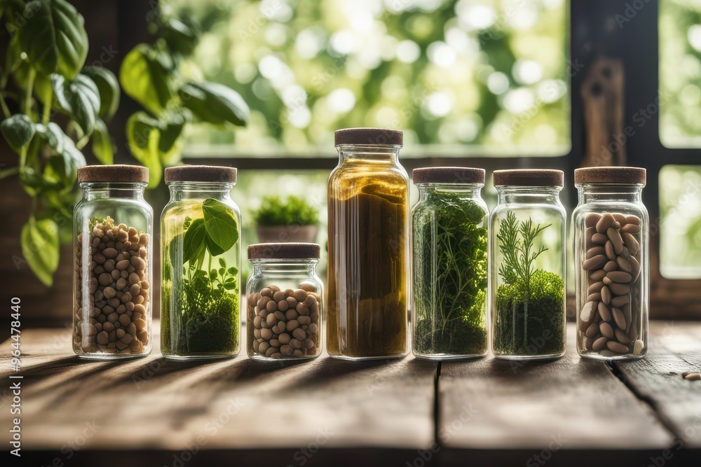 A collection of glass jars filled with various herbs and spices A collection of glass jars filled with various herbs and spices