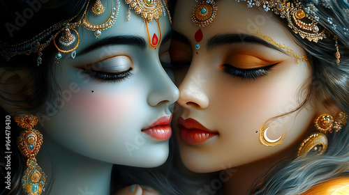 A close-up of two figures with intricate jewelry and makeup, symbolizing beauty and divinity.