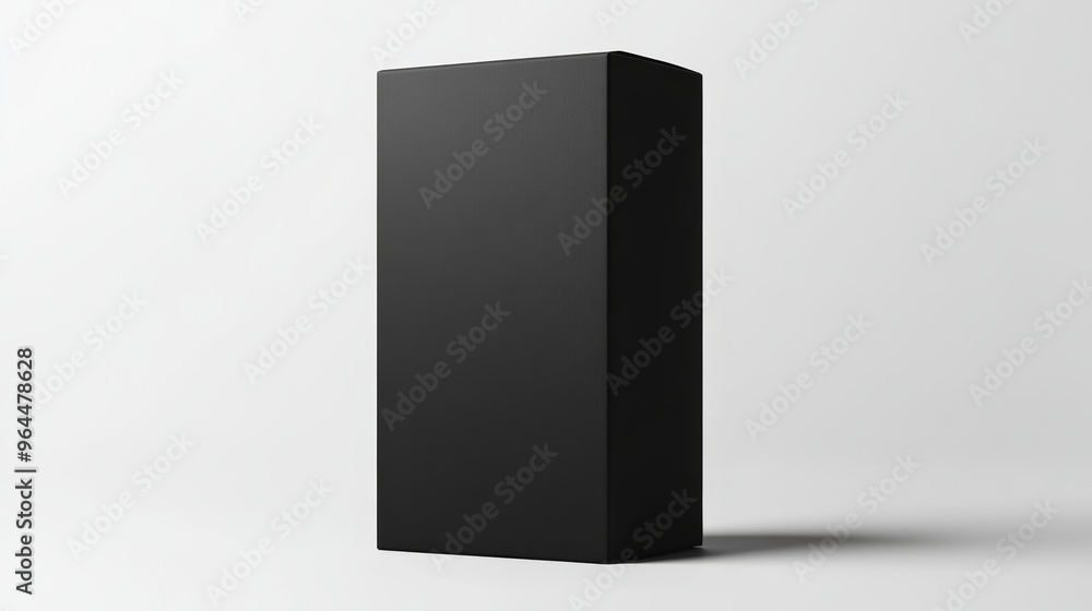 A sleek black carton box mockup standing upright with a clean label area, ready for branding A sleek black carton box mockup standing upright with a clean label area, ready for branding