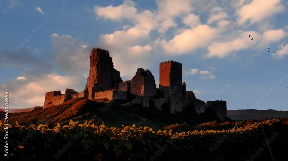 Majestic ruins of an ancient castle stand tall against a dramatic sunset sky, evoking a sense of history and mystery. Majestic ruins of an ancient castle stand tall against a dramatic sunset sky, evoking a sense of history and mystery.