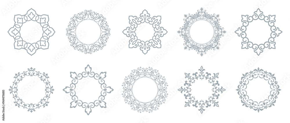 Set of decorative frames Elegant vector element for design in Eastern style, place for text. Floral black and white borders. Lace illustration for invitations and greeting cards. Set of decorative frames Elegant vector element for design in Eastern style, place for text. Floral black and white borders. Lace illustration for invitations and greeting cards.