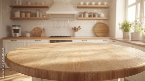 A clean, bright kitchen with a round wooden counter ready for showcasing products. The counter is empty and perfect for displaying items.